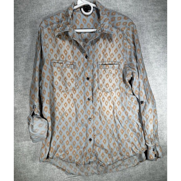 SIGNATURE STUDIO Womens Large Button Down Shirt Blue Orange Pattern Chambray - Picture 1 of 8